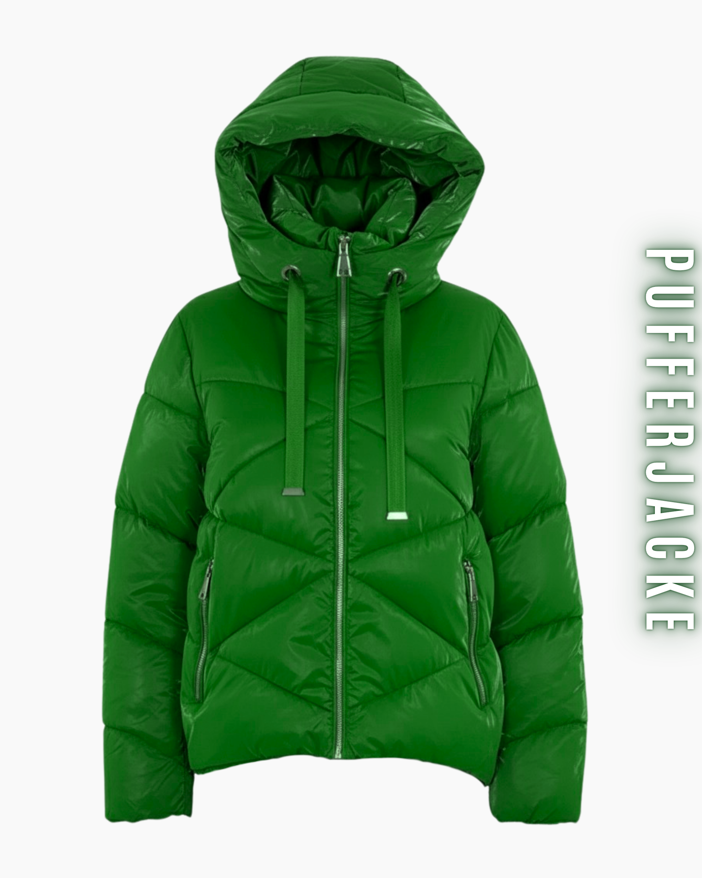 Freigestellte tiefgrüne Glanz-Pufferjacke mit Kapuze und langen Zipper-Bändern