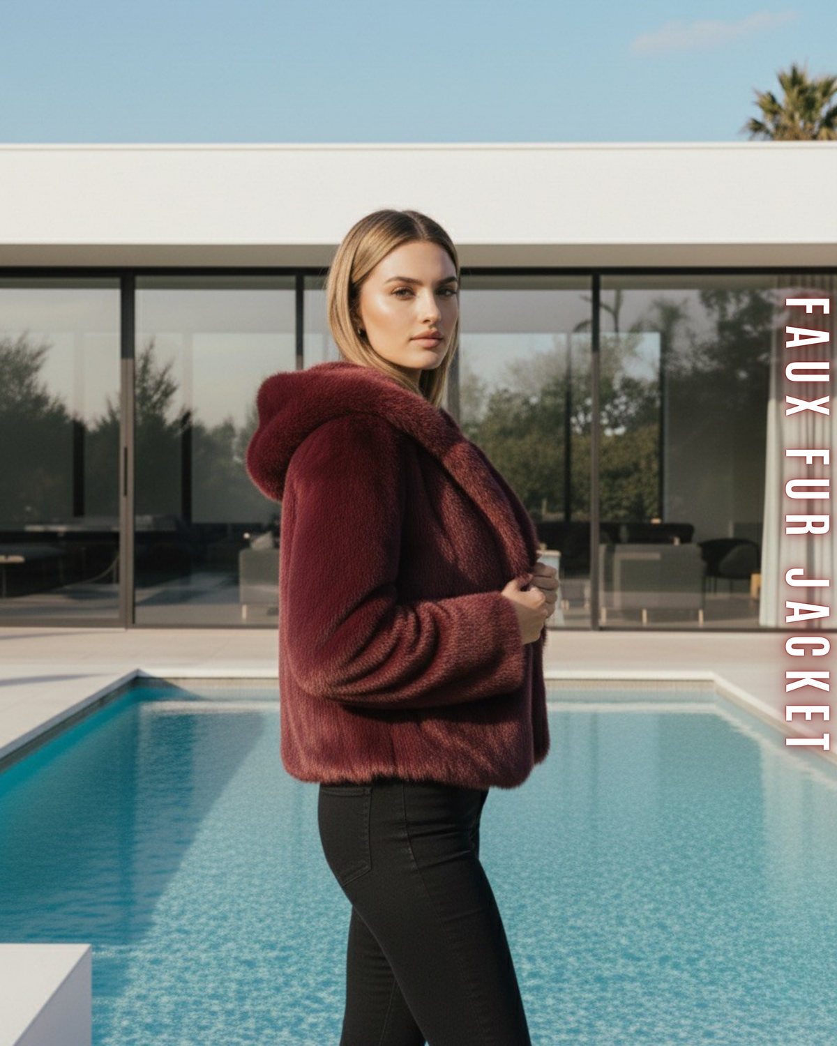 Seitliche Ansicht einer Dame in einem burgunderroten Faux Fur Kurzmantel mit Kapuze.