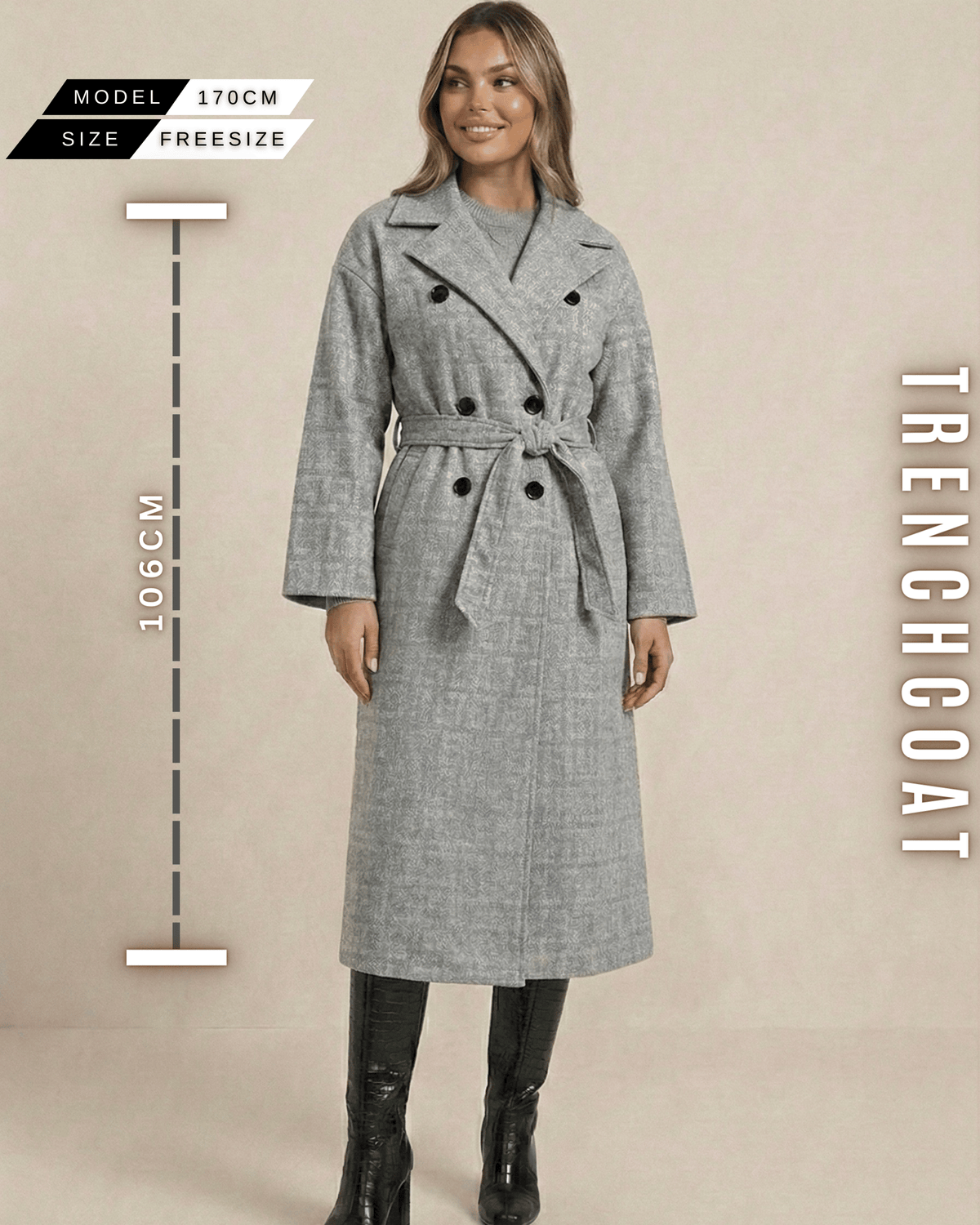 Ganzkörperansicht des graufarbenen Trenchcoats mit Maßen (106 cm Länge) und Model-Info (170 cm).