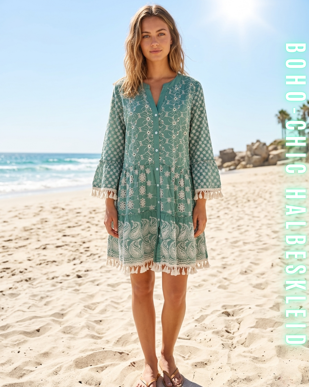 Frontansicht salbeigrünes Bohemian-Kleid mit aufwendiger Paisley-Lochstickerei und Fransen, Stufenkleid für Damen am Strand.