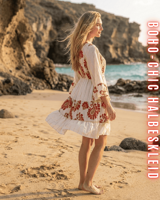 Seitliche Ansicht des Kleides mit rotfarbener Stickerei vor einer Küstenkulisse.