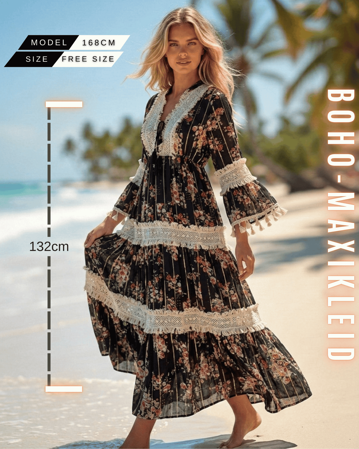 Frontansicht einer Frau im Mitternacht Schwarz Boho-Maxikleid mit Rosa Blumen am Strand. Kleidergröße Free Size, das Frau ist 168 cm groß und die Kleid-Länge beträgt 132 cm