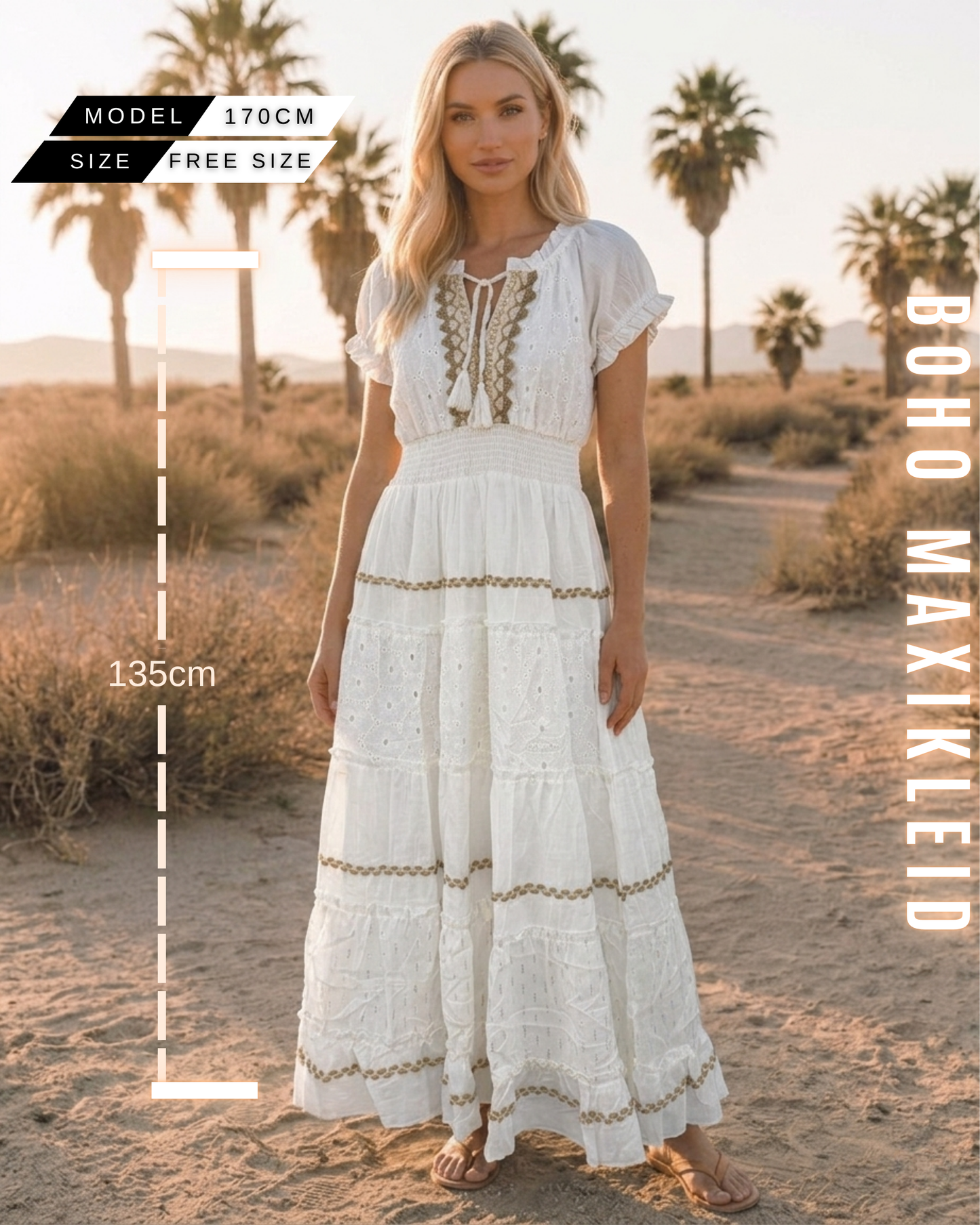 Frontalansicht des weißen Boho-Kleides mit Längenangabe 135cm (Model 170cm).