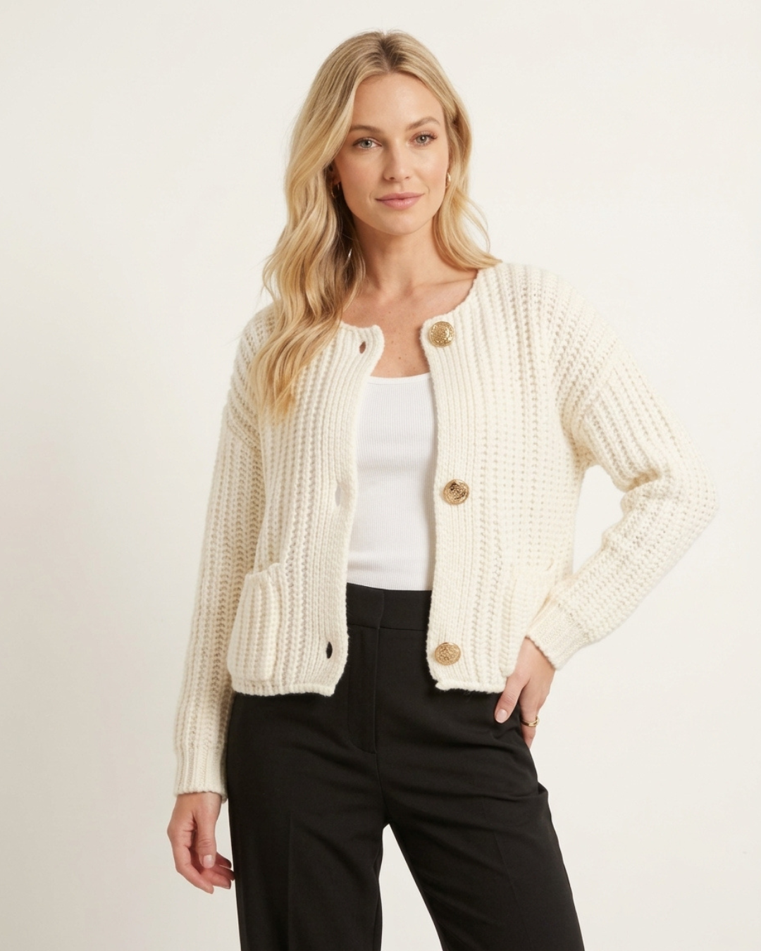 Cremefarbene Strickjacke offen getragen mit sichtbarer Knopfleiste