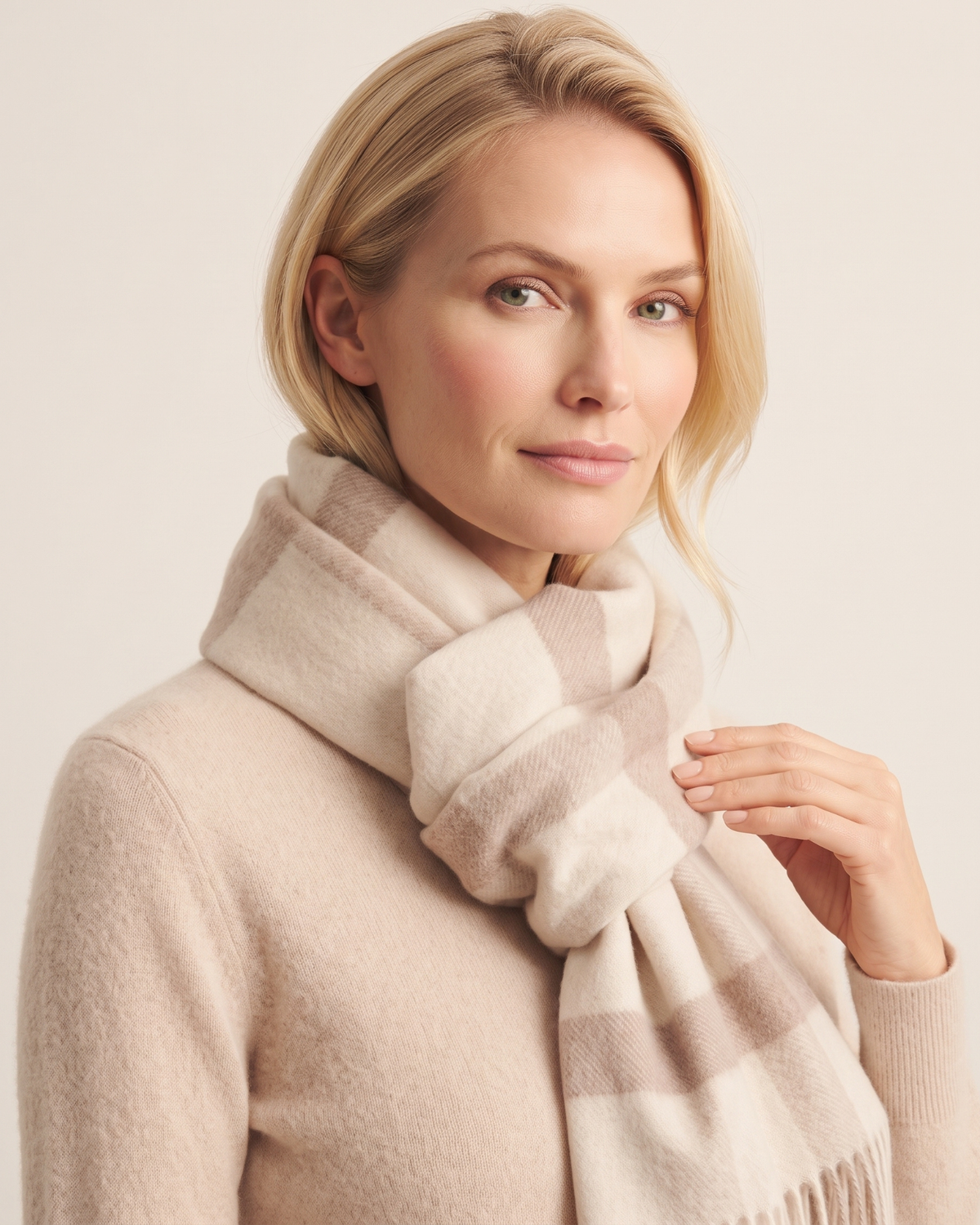 Unisex-Wollschal mit Retro-Streifen in Beige und Creme – Ansicht 4