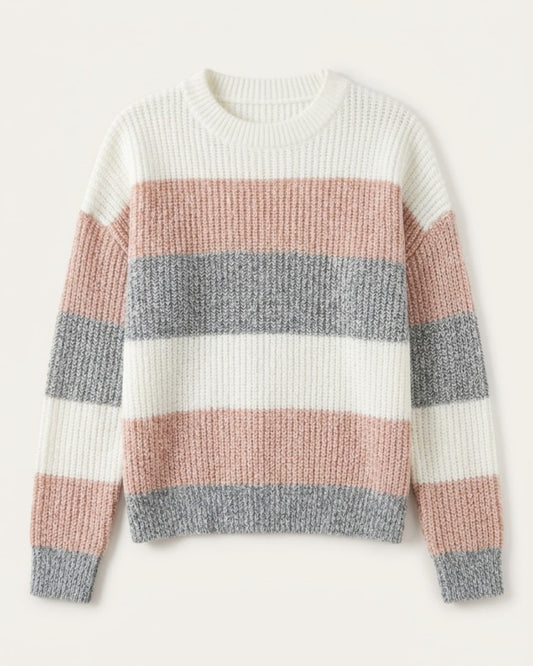 Damen Grobstrickpullover mit breiten Querstreifen in Altrosa, Grau meliert und Cremeweiß freigestellt