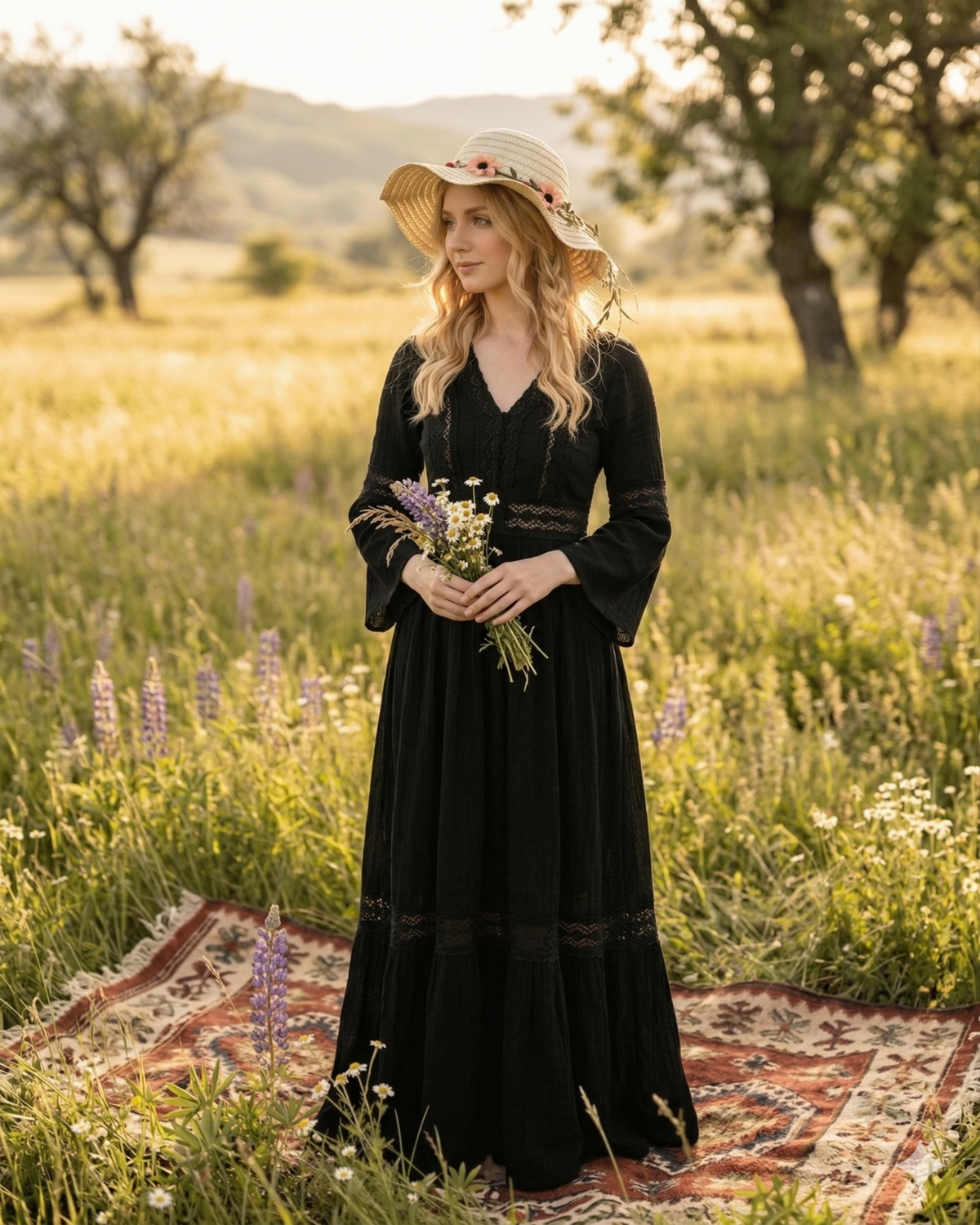 Ganzkörper-Ansicht eines Models auf einem Teppich in einer Wiese, das den ELEXUA „FLORA“ Strohhut mit zartem Blumenband trägt.