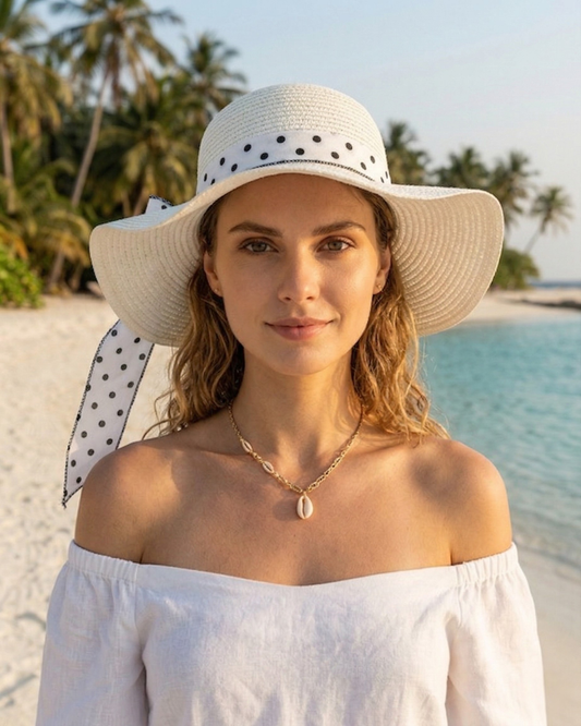 Frontalansicht einer Frau am Strand mit dem weißen DOTTY Sonnenhut und Polka-Dot Band.