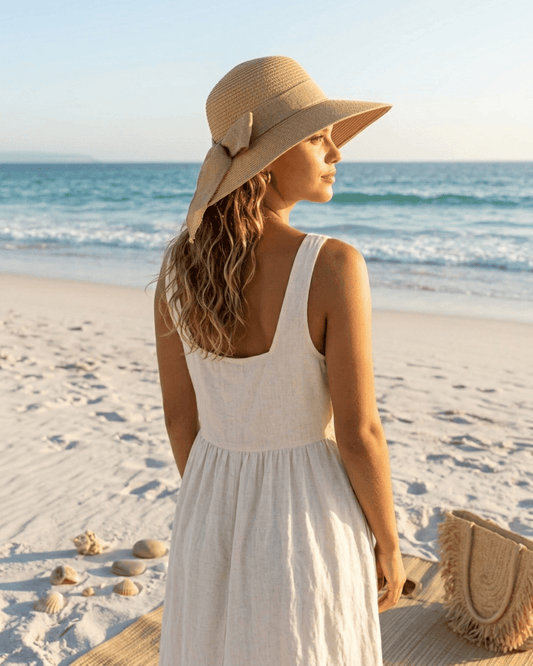 Rückansicht einer Frau am Strand, die einen beigen Strohhut mit großer Schleife trägt, der ihr blondes, welliges Haar bedeckt.