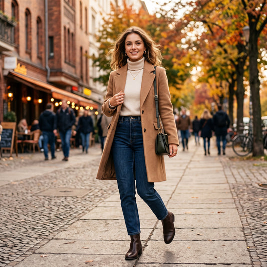 Junge Frau im modernen Herbst-Outfit mit beigefarbenem Wollmantel, cremefarbenem Rollkragenpullover, dunkler Jeans und Umhängetasche beim Spaziergang durch eine belebte Stadtstraße für die ELEXUA Herbstkollektion.