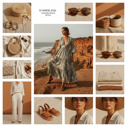 Moodboard zur Damen-Sommermode 2026 im Golden Hour Style mit einem gemusterten Maxi-Stufenkleid, Strohhut, runden Sonnenbrillen, Basttaschen und leichten Leinenoutfits in warmen Beigetönen, Weiß und Terracotta vor einer Küstenkulisse.