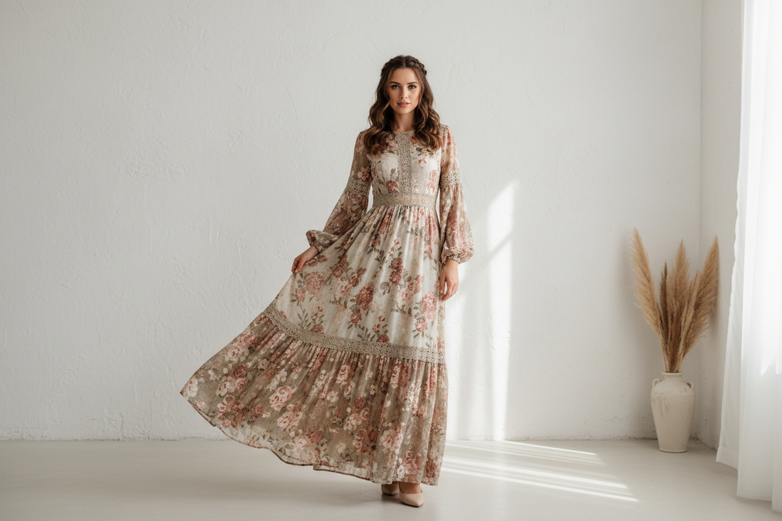 Eine weibliche Model mit einen floralen, leichten, luftigen Bohemian Kleid in einer Fashion Studio.