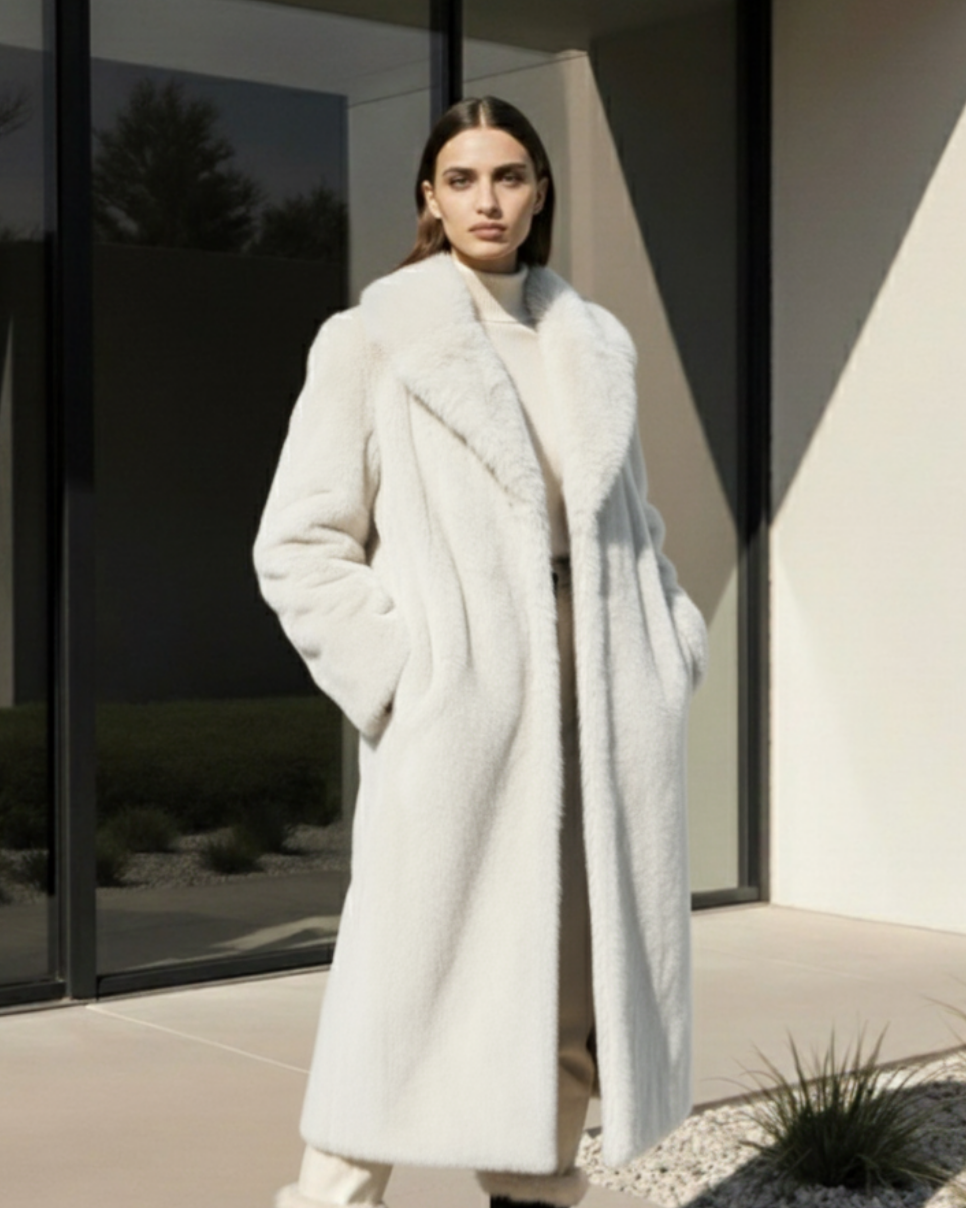 Model trägt den langen Kunstpelzmantel "Soft Touch" in Creme, Ansicht von vorne.