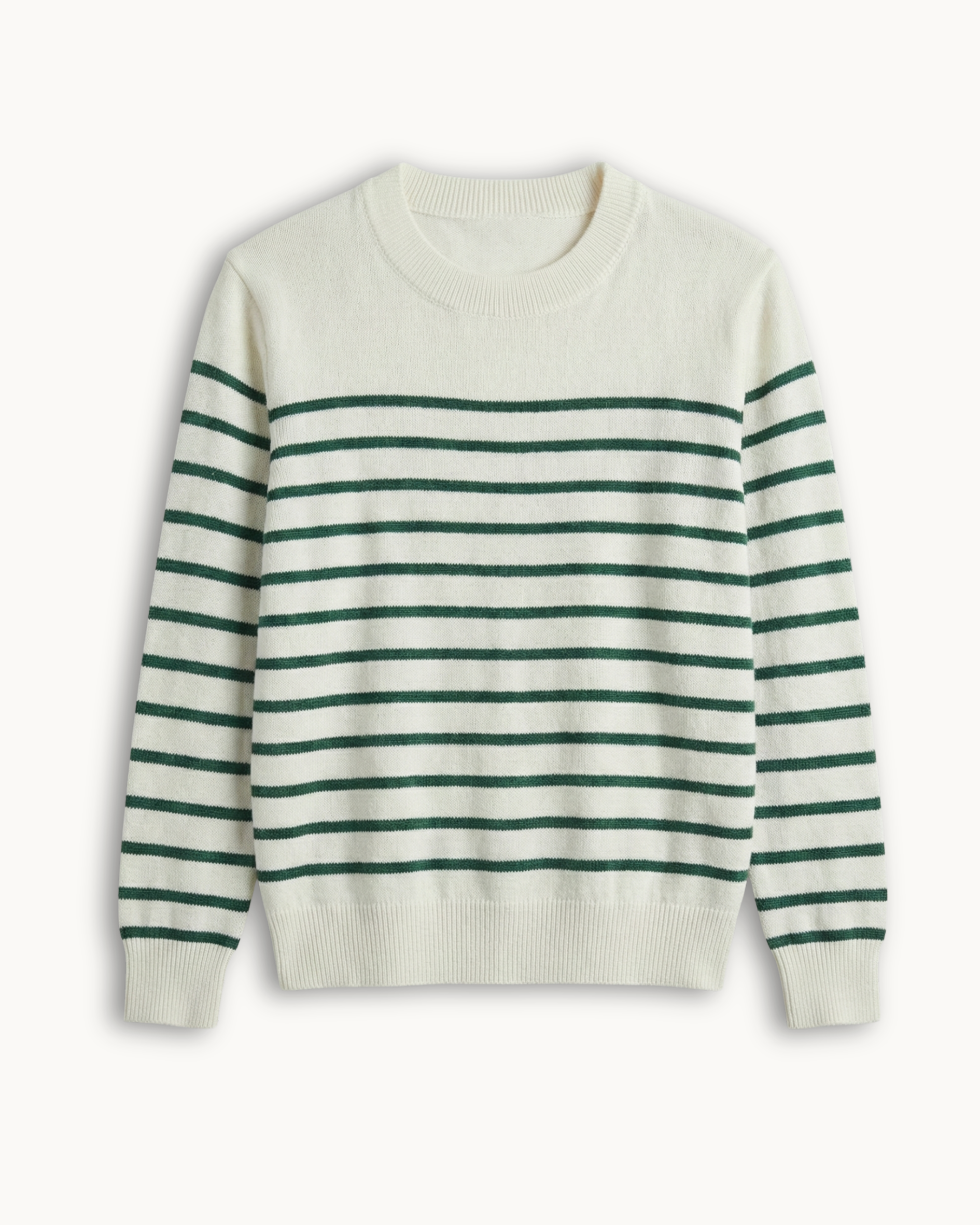 Produktfoto des gestreiften Pullovers flach liegend auf weißem Hintergrund.