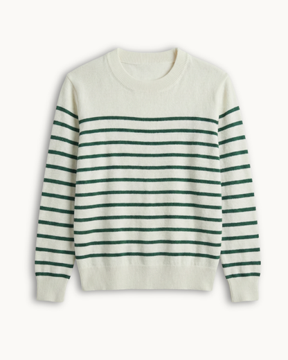 Produktfoto des gestreiften Pullovers flach liegend auf weißem Hintergrund.