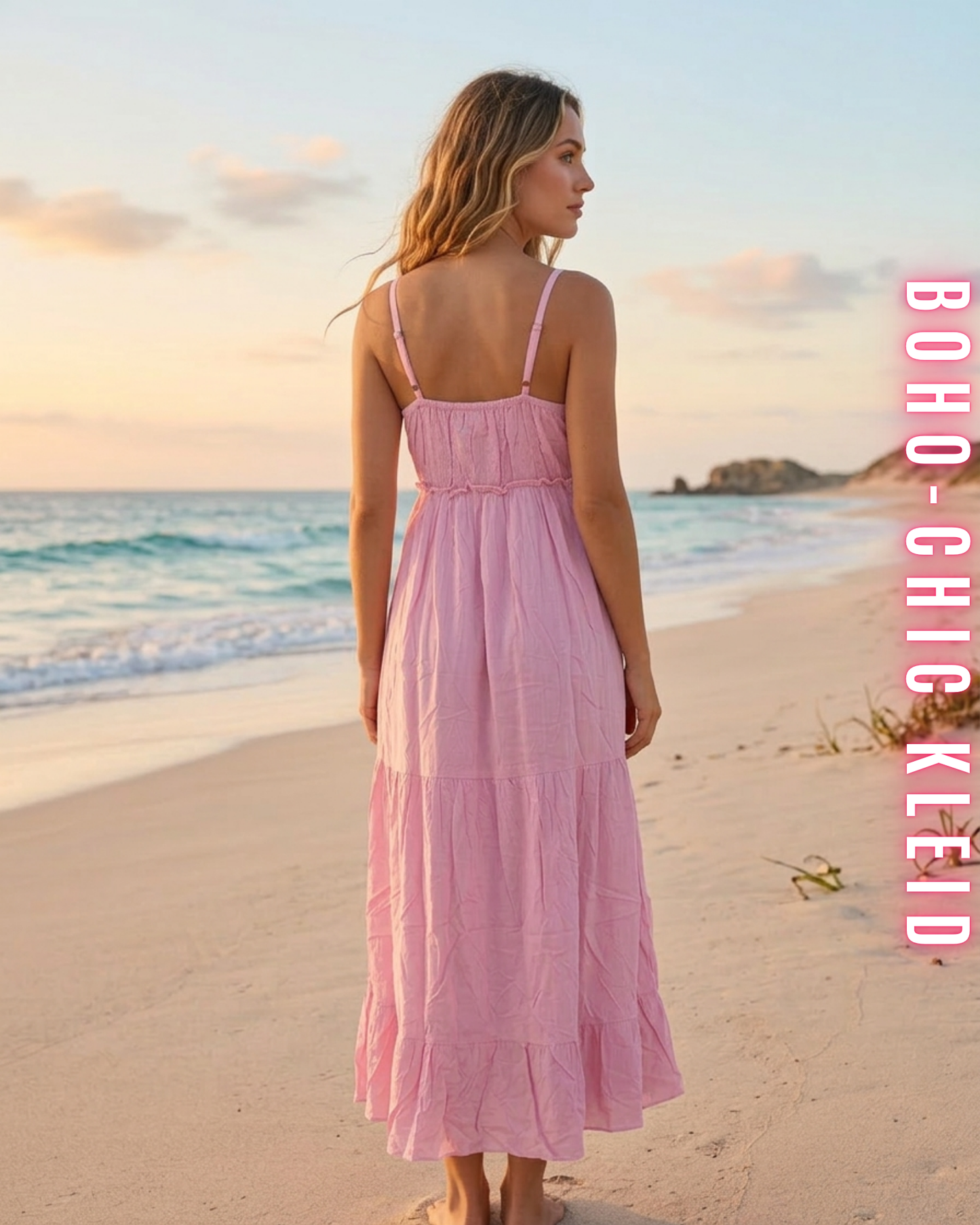 Rückenansicht: Rosa Boho-Chic Sommerkleid mit Spaghettiträgern und elastischer Rückenpartie, Strand, Frau, Sonne.