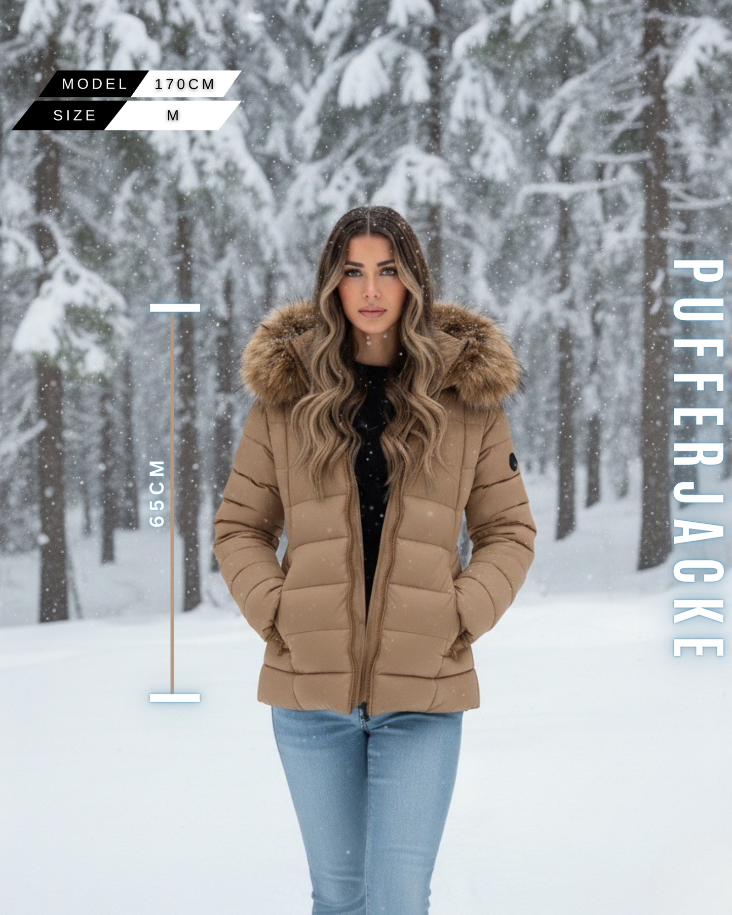 Kurze Damen Pufferjacke in Kamel mit Kamel Kunstfell-Kragen, Model 170cm, Jackenlänge 65cm