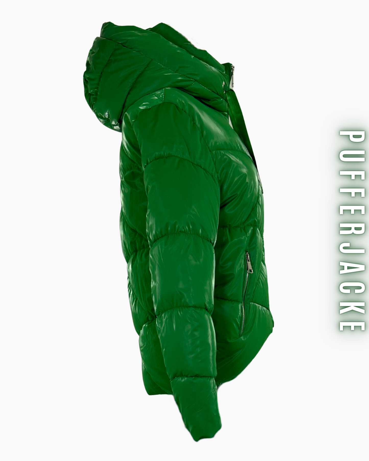 Seitenansicht der glänzenden, kurzen Pufferjacke in Tiefgrün.