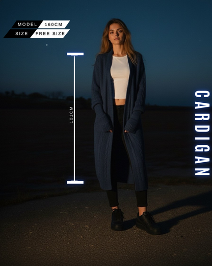 Langer Zopfstrick Cardigan mit Kapuze