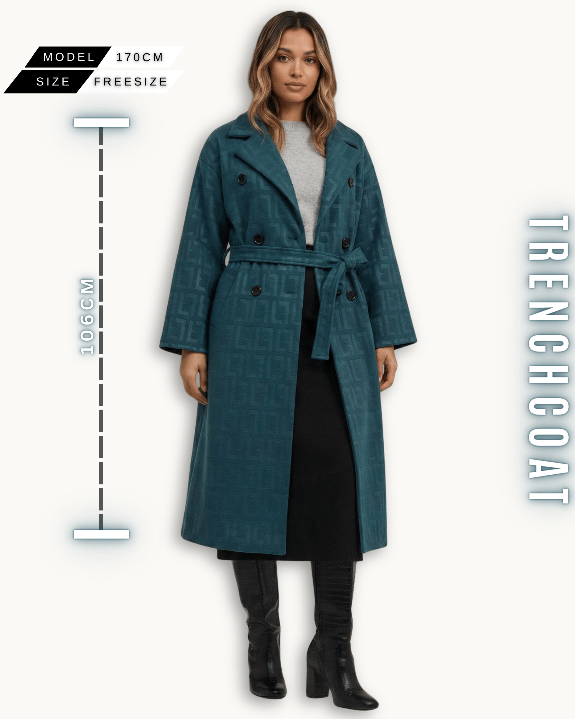 Ganzkörperansicht des petrolfarbenen Trenchcoats mit Maßen (106 cm Länge) und Model-Info (170 cm).