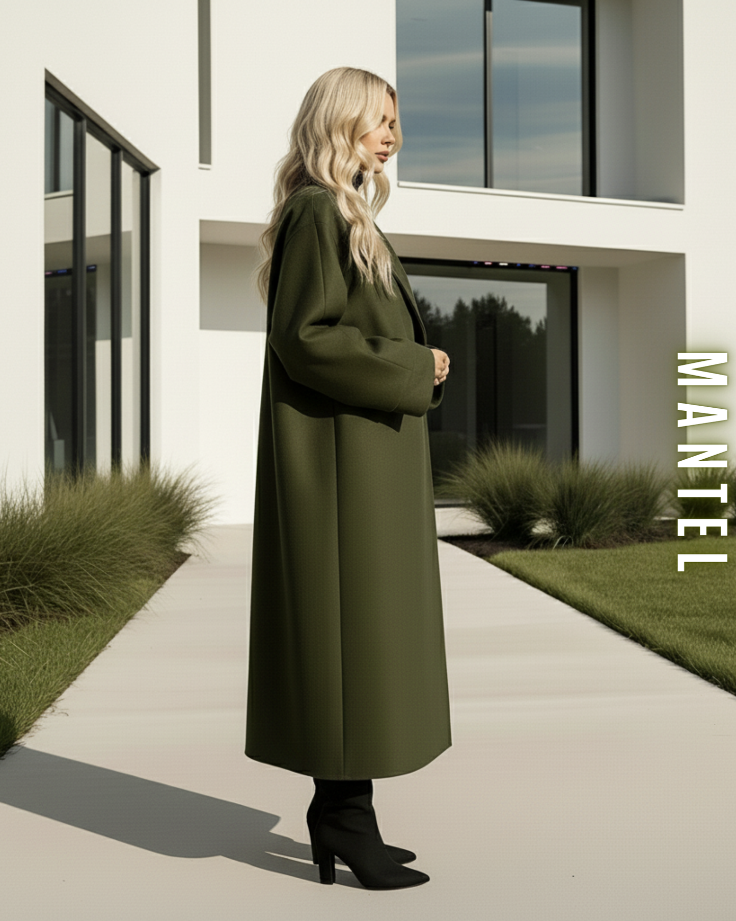 Seitenansicht des langen olivgrünen Wollmantels im Oversize-Schnitt