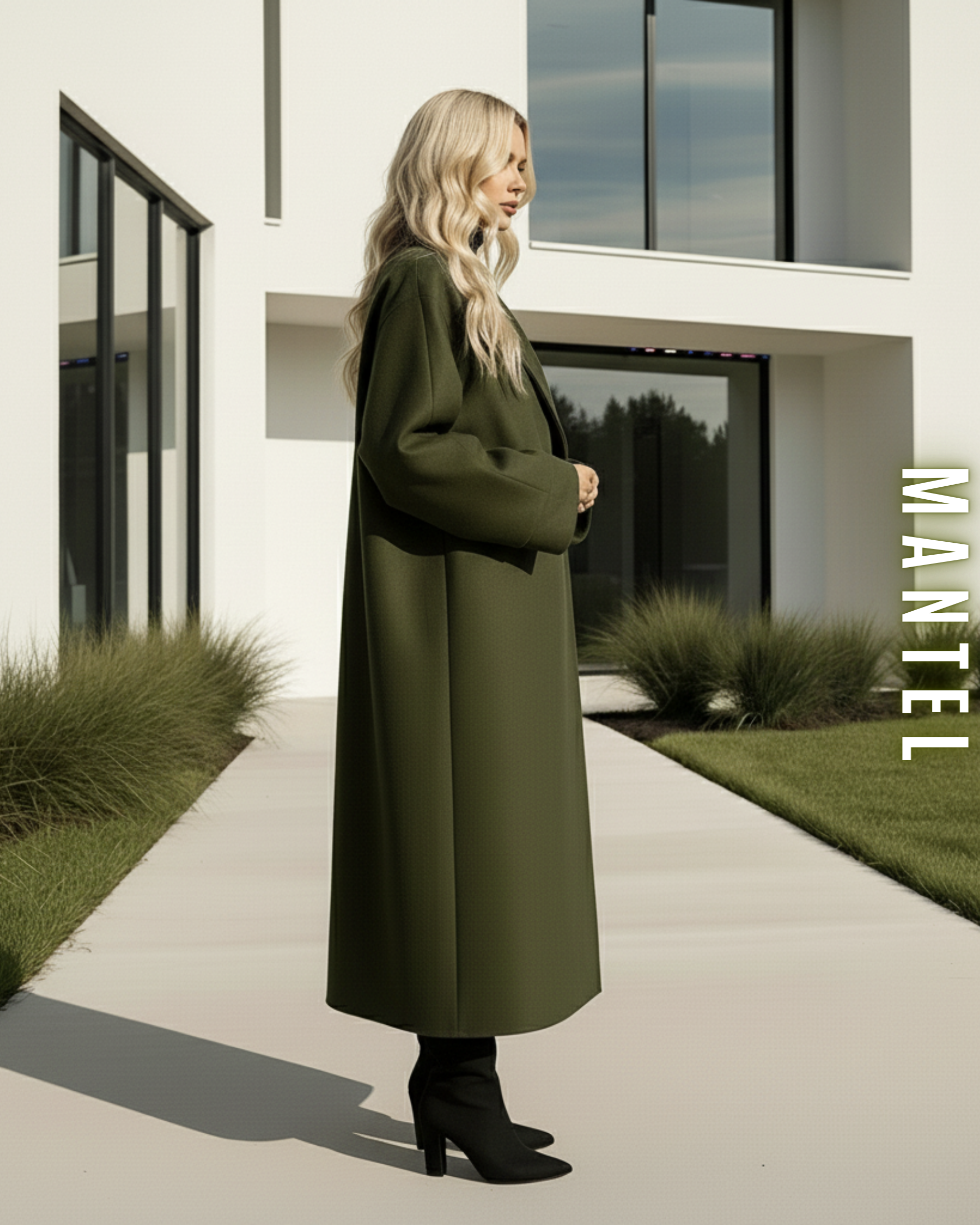Seitenansicht des langen olivgrünen Wollmantels im Oversize-Schnitt