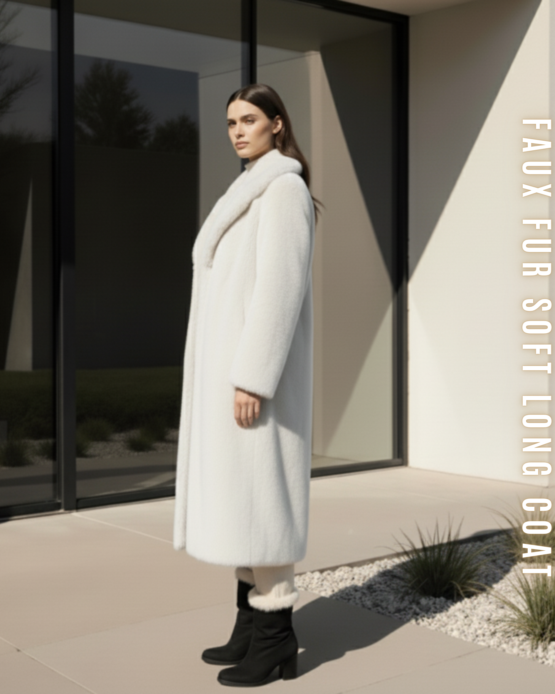 Langer, weicher Kunstpelzmantel in Creme-Weiß, von der Seite getragen.