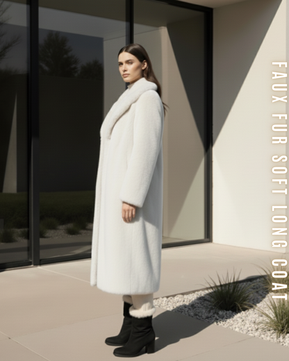 Langer, weicher Kunstpelzmantel in Creme-Weiß, von der Seite getragen.