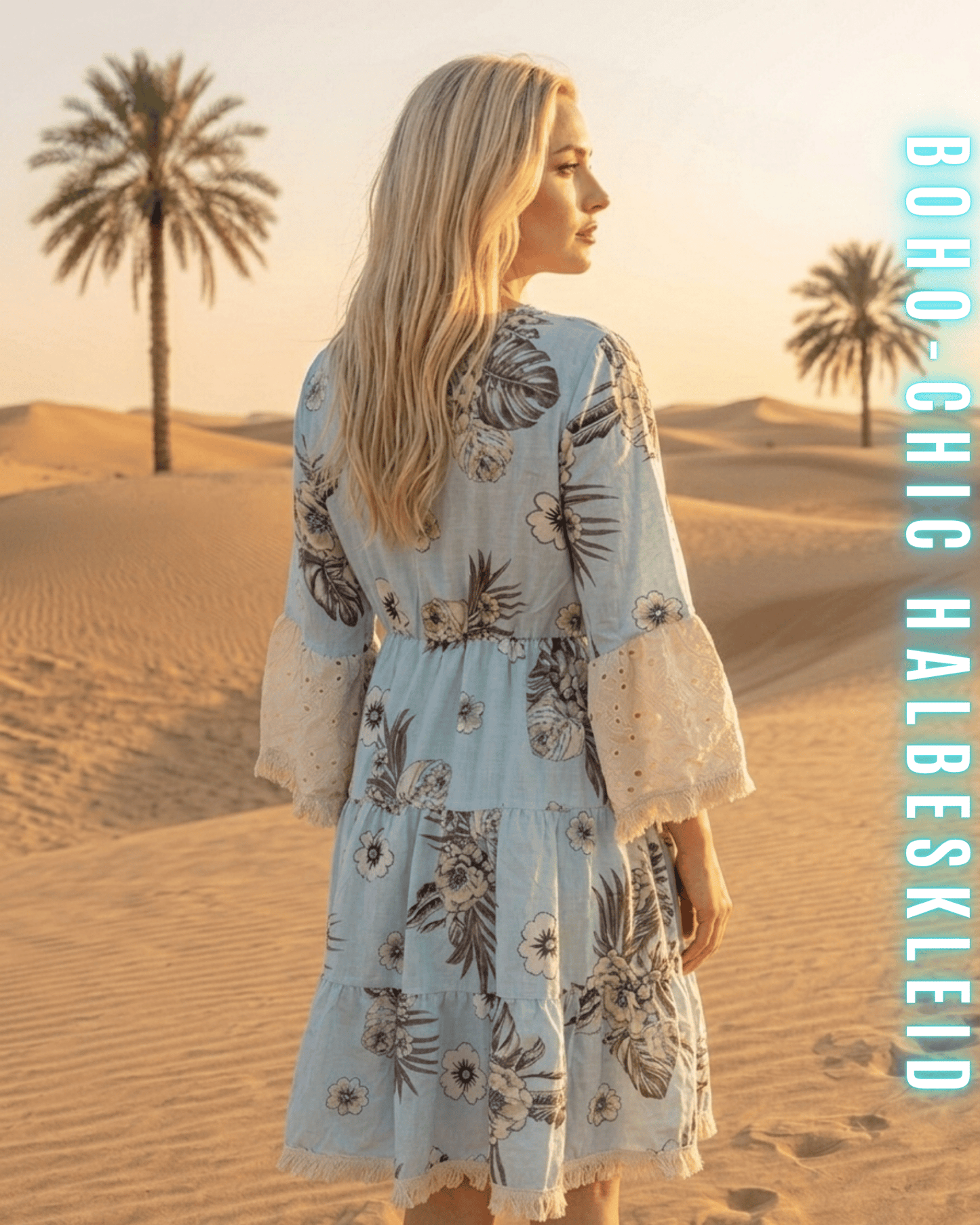 Detail der Rückenpartie und der Ärmel mit Lochstickerei am blauen Boho-Chic Kleid.