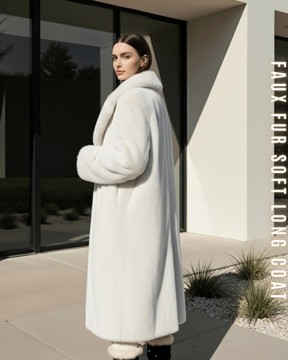 Langer Kunstpelzmantel "Soft Touch" in Creme, von der Seite hinten gesehen.