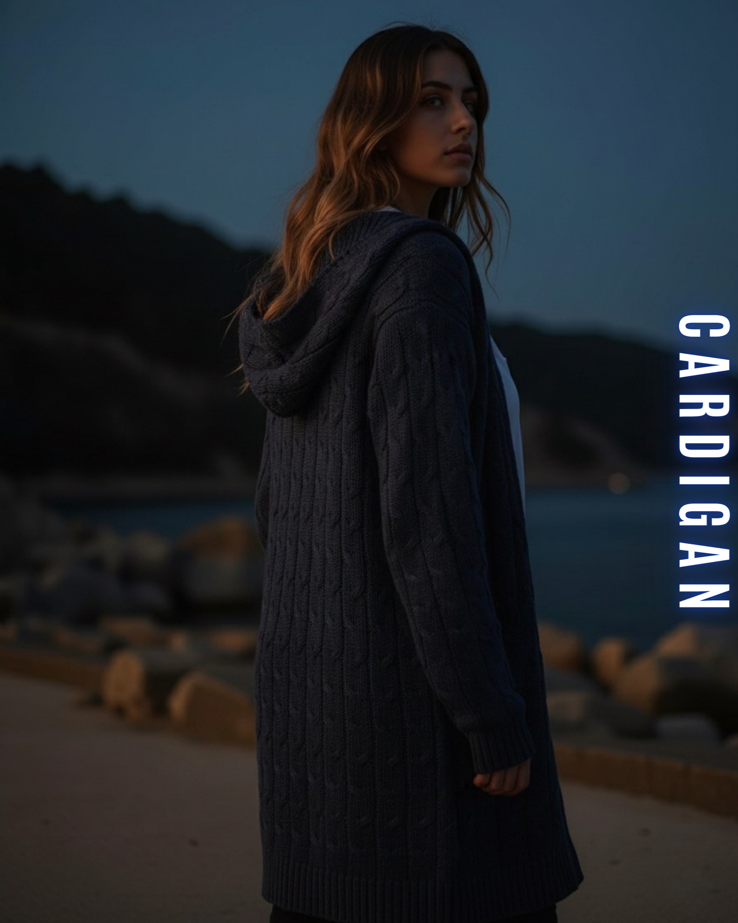 Langer Zopfstrick Cardigan mit Kapuze