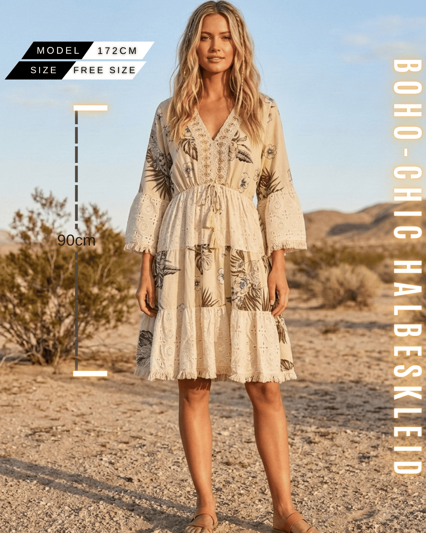 Beige Boho-Chic Halbeskleid mit braunem Blumenmuster, Häkelspitze und Glockenärmeln am 172cm Model.