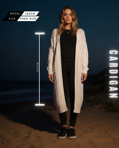 Langer Zopfstrick Cardigan mit Kapuze