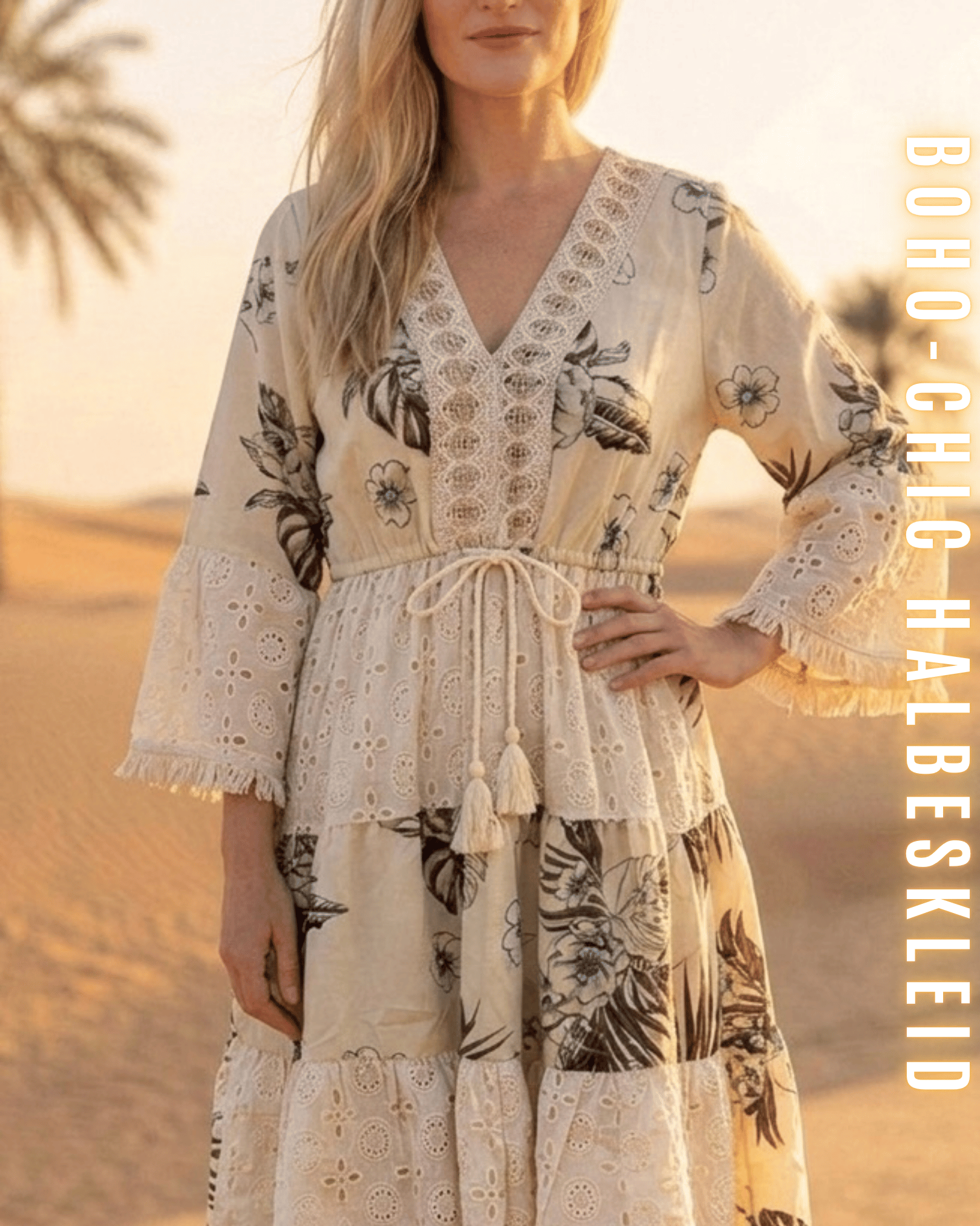Detailansicht der beigen Häkel-Bordüre am V-Ausschnitt und der weißen Eyelet-Spitze des Boho-Kleids.