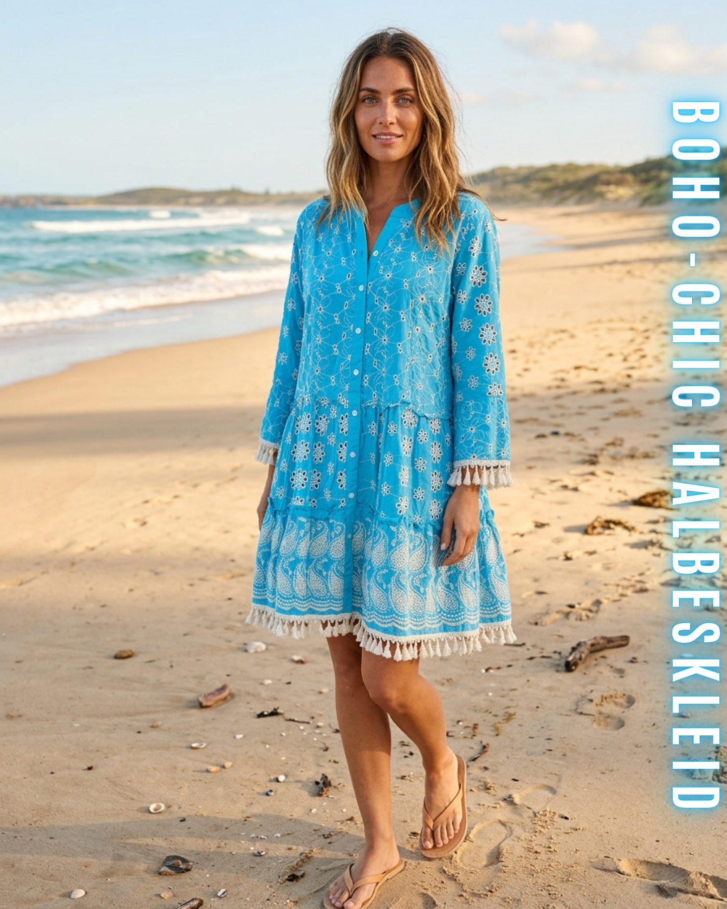 Frontansicht einer Frau an einem sonnigen Strand in einem leuchtend blauen Boho-Mini-Kleid mit Paisley-Stickerei und Quastenfransen. Die Abmessungen unten zeigen Free Size und eine Länge von 84 cm für eine Körpergröße von 170 cm. Text 'BOHO-CHIC HALBESKLEID'.