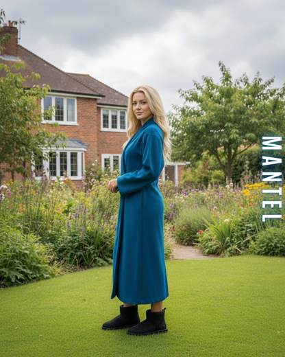 Seitenansicht des langen petrolblauen Wollmantels im Oversize-Schnitt