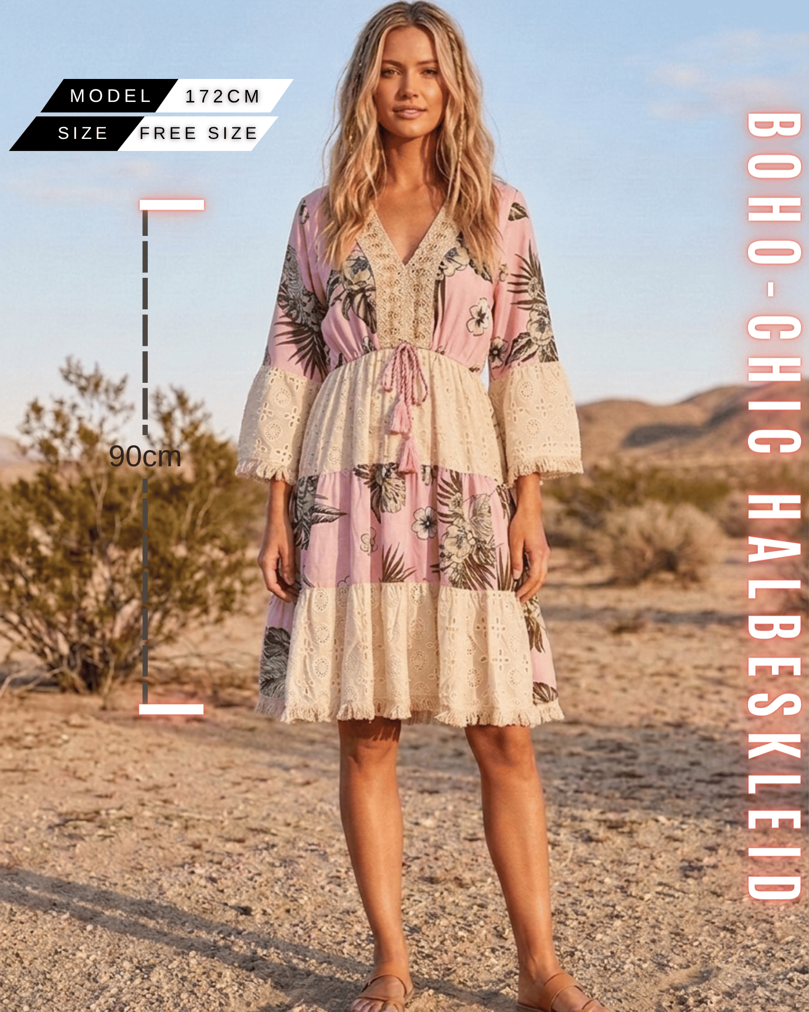 Rosa Boho-Chic Halbeskleid mit Blumenmuster, Quasten-Bindung und weißem Spitzenbesatz in der Wüste.