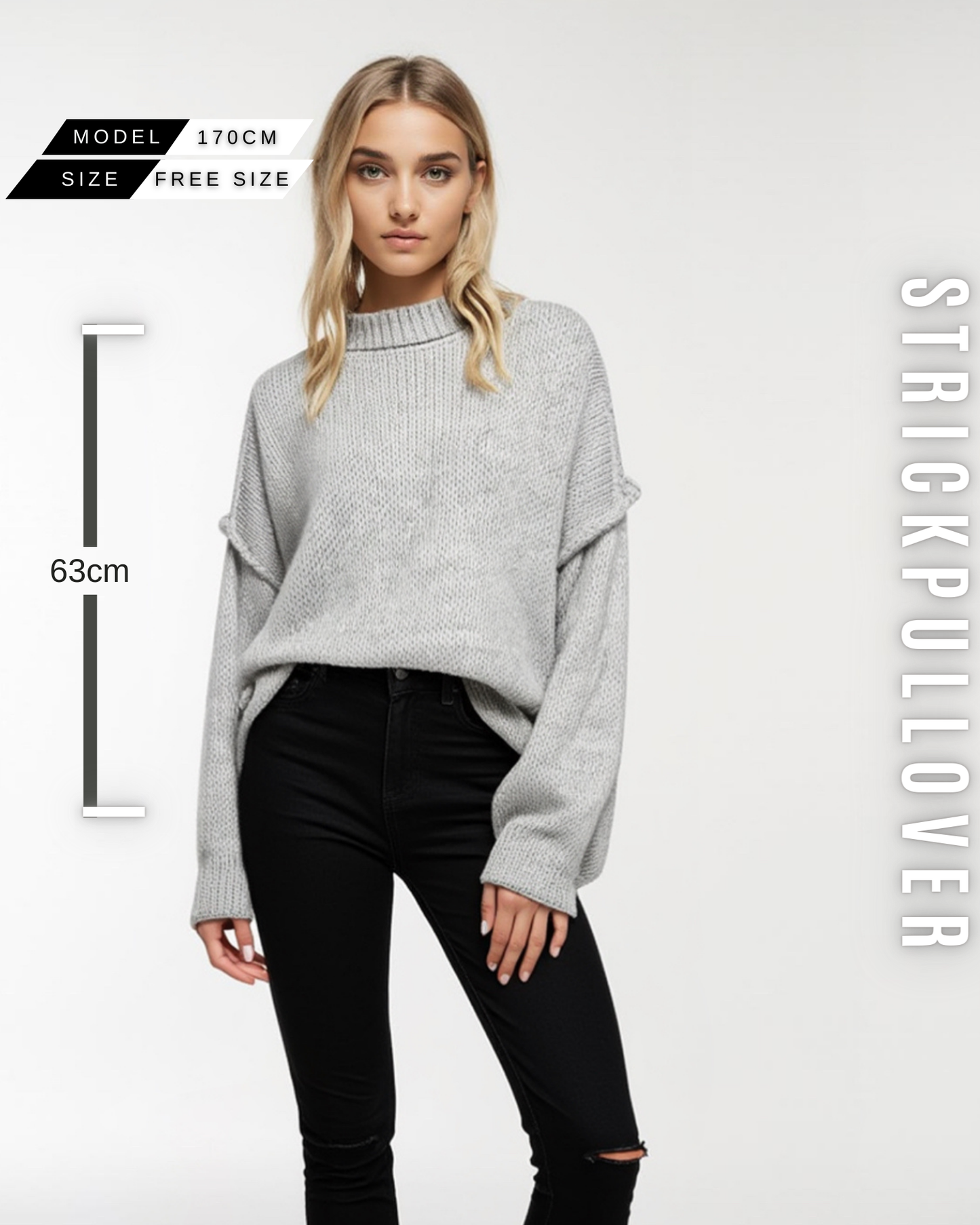 Eine Frau in einem hellgrauen, grob gestrickten Pullover mit Stehkragen, weiten Ärmeln und mit Größe Information.