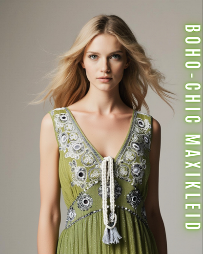 Boho Maxikleid – Perlen und Spiegel