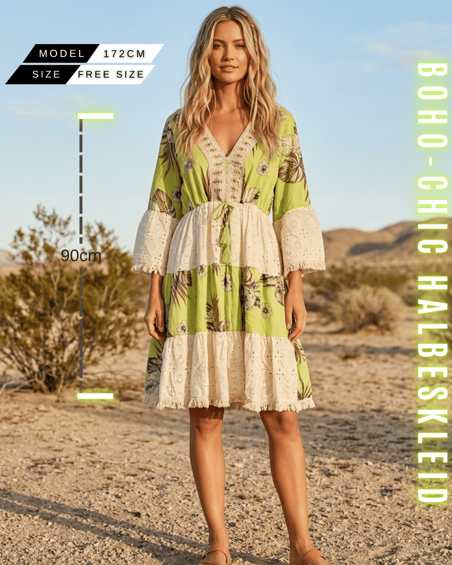 Boho-Chic Halbeskleid in Grün mit Blumenmuster und Spitzenbesatz, Sommer kleid, getragen von einem 172cm großen Model.