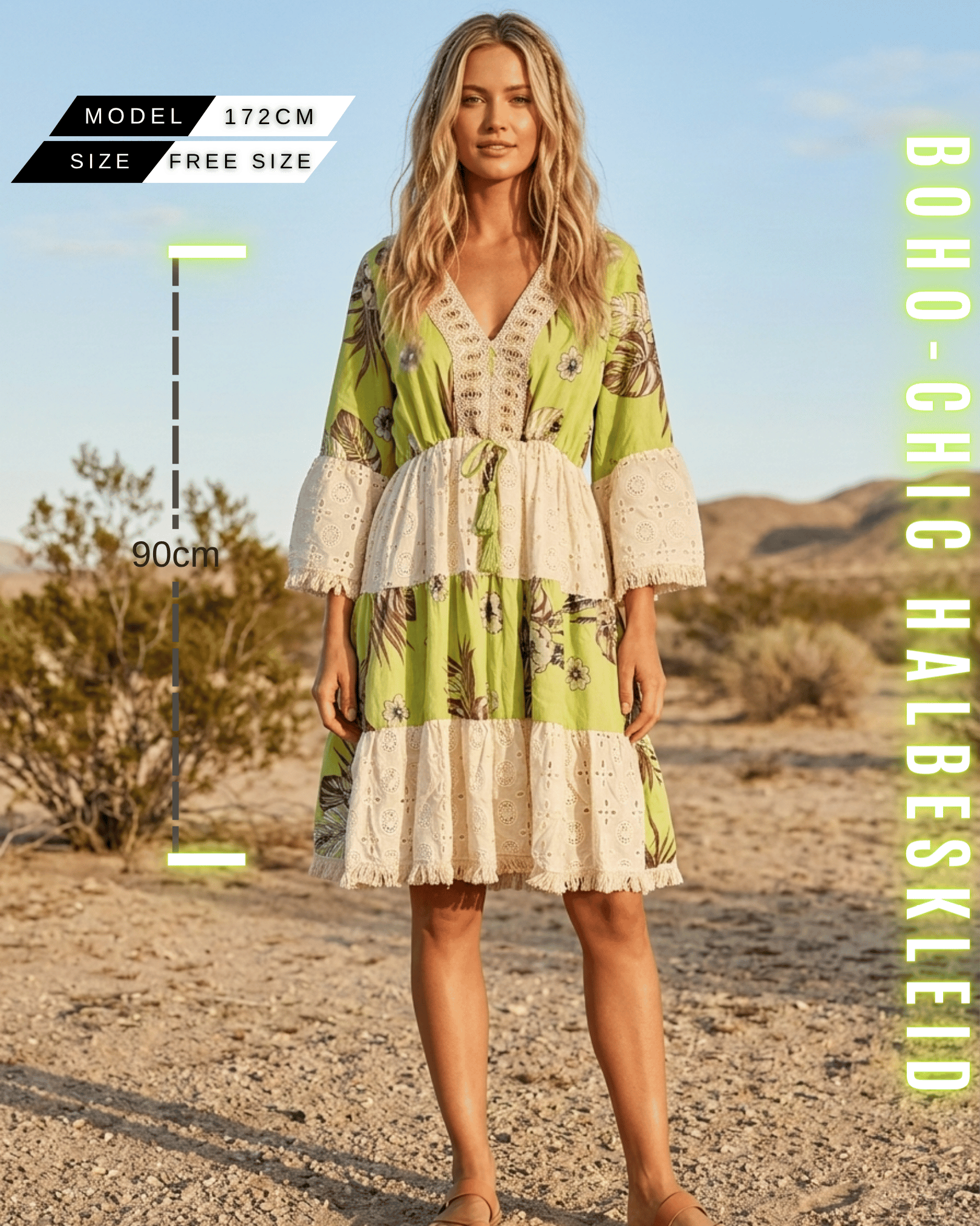 Boho-Chic Halbeskleid in Grün mit Blumenmuster und Spitzenbesatz, Sommer kleid, getragen von einem 172cm großen Model.