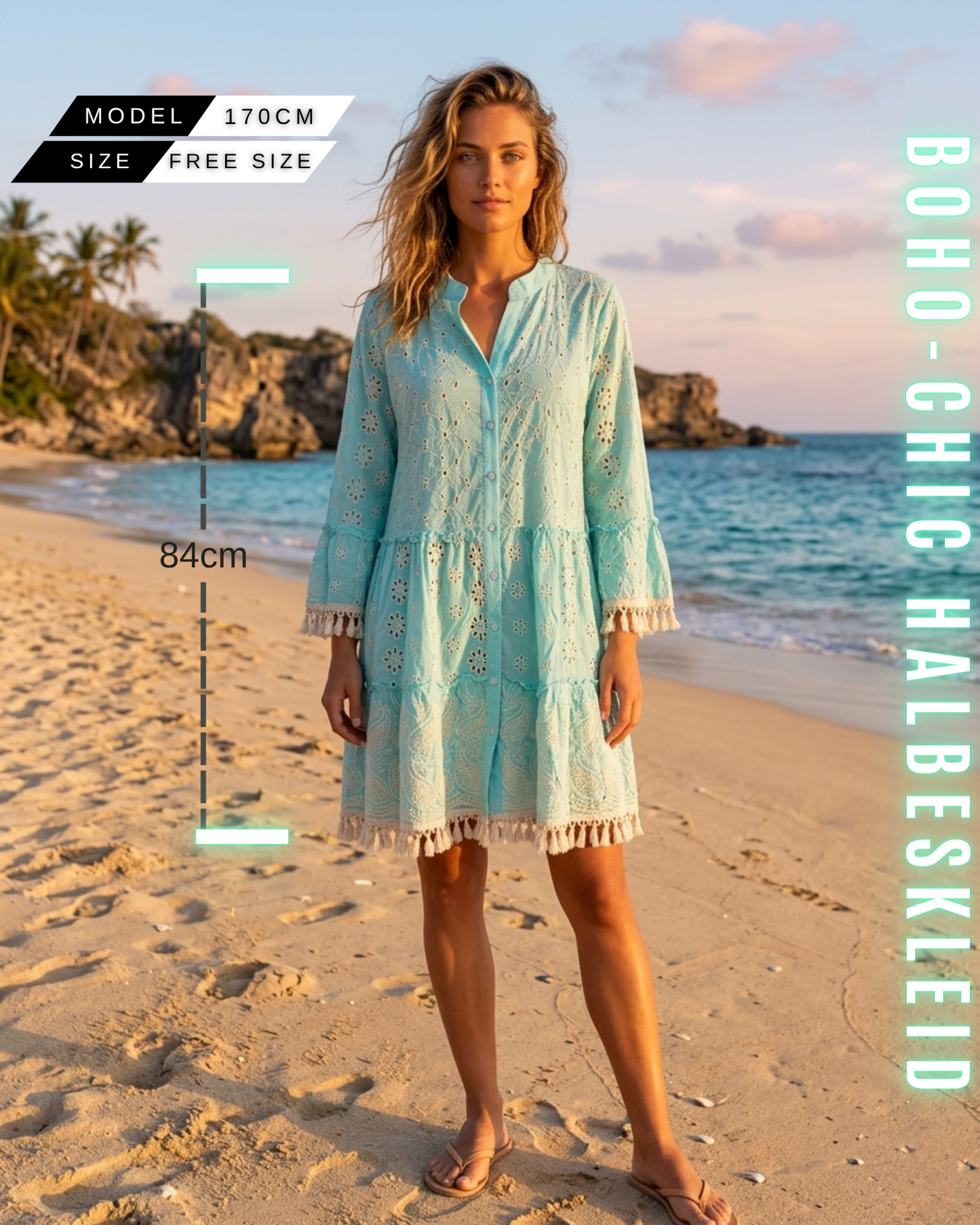 Kurzes Boho-Kleid 84cm Länge an Model 170cm Körpergröße