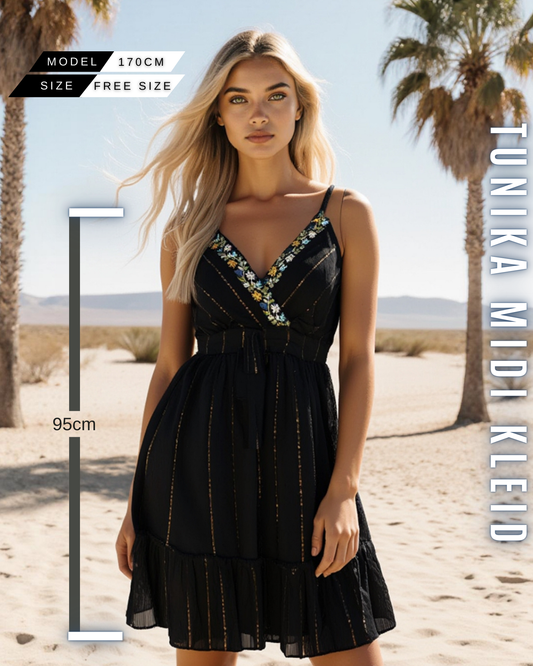 Boho Tunika Midikleid mit Blumen-Stickereien & Rüschen