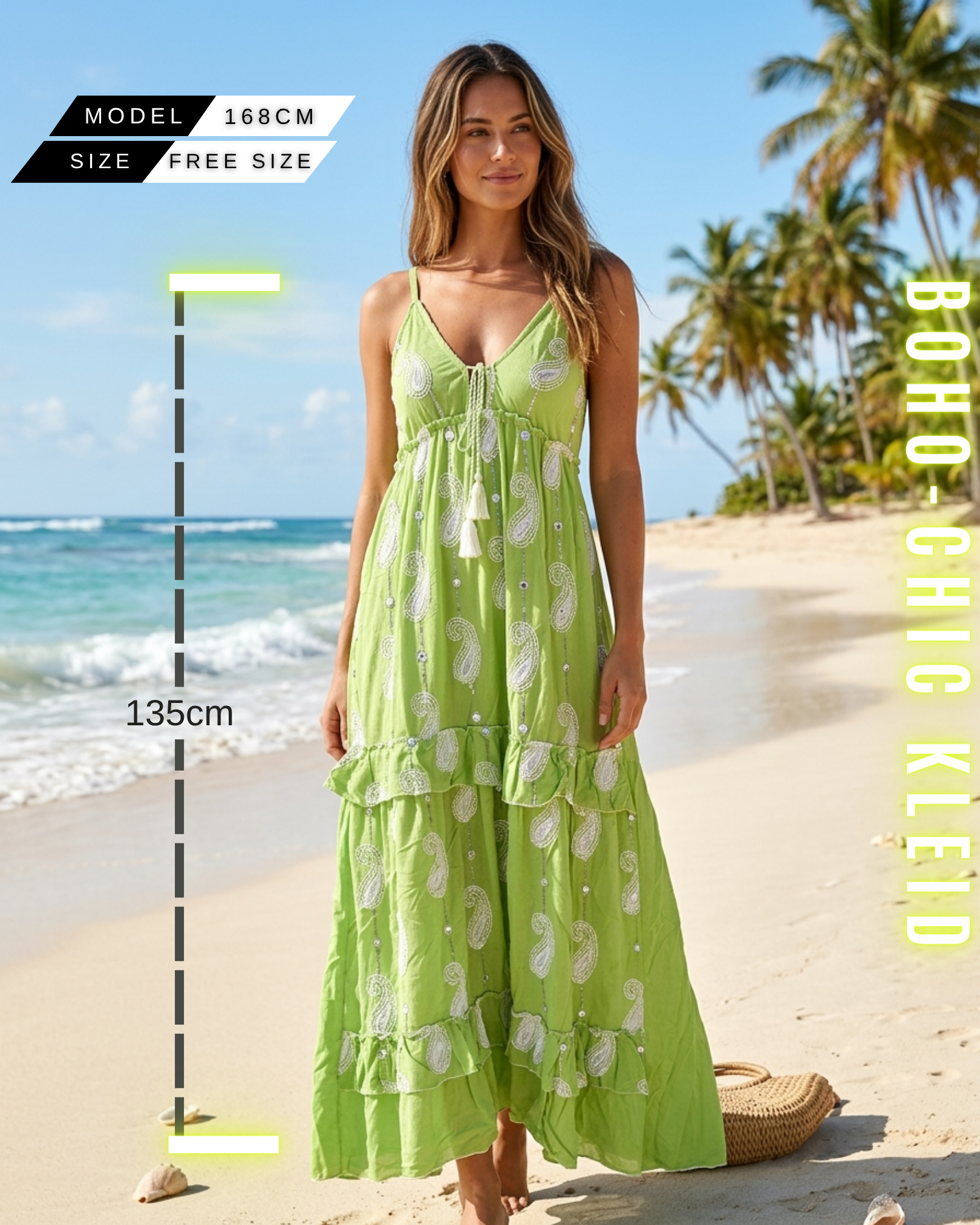 Langes, grünes Boho-Chic Maxikleid für Damen mit V-Ausschnitt, Quasten und weißer Paisley-Stickerei, Free size, Einheitsgröße, 135cm Kleid Länge