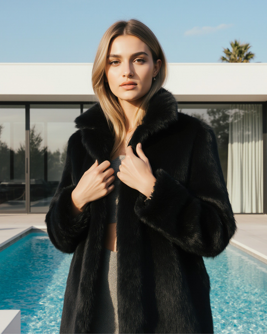 Dame trägt luxuriösen, Faux Fur Mantel in Schwarz. Eleganter Kragen.