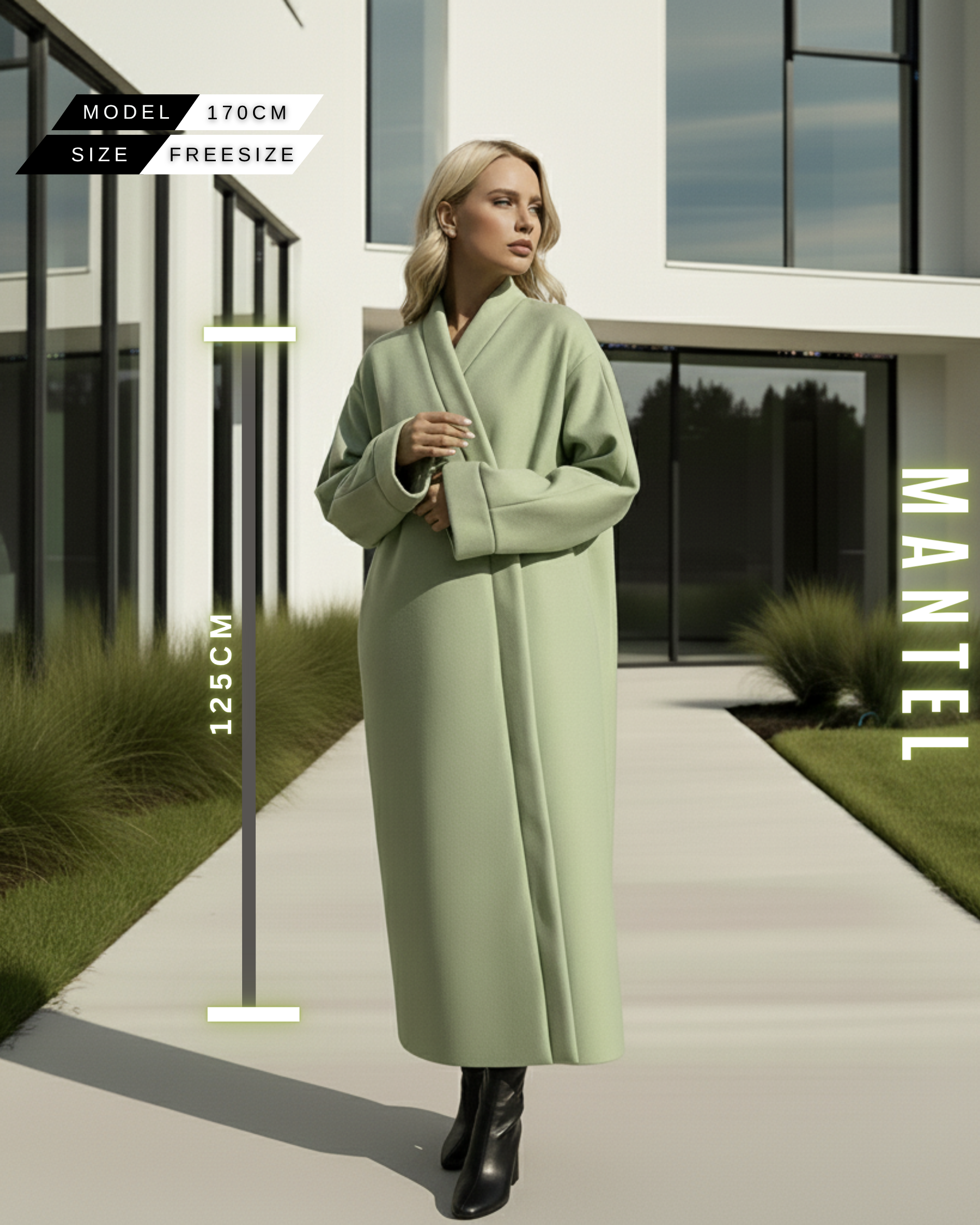 Damen Wollmantel im Kimono-Stil in Pastell-Mintgrün, Seitenansicht