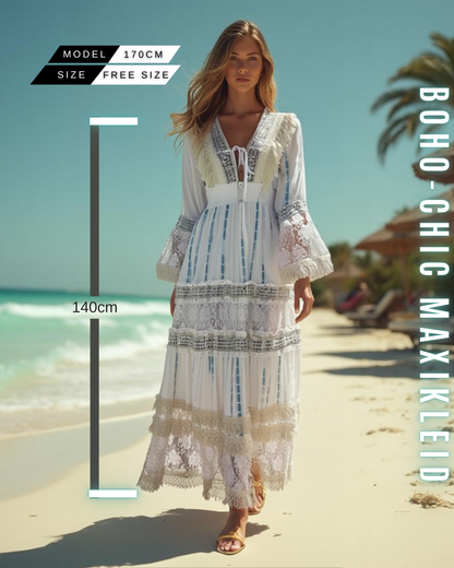 Boho-Chic Maxikleid für Damen mit Spitze & Fransen | 100% Viskose | Perfekt für Sommer und Veranstaltungen.