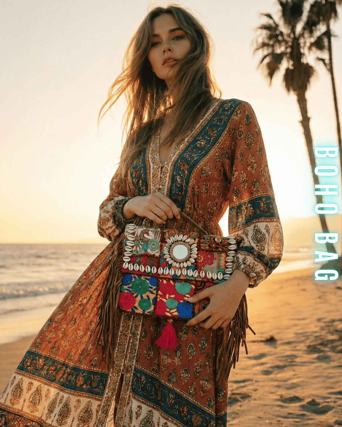 Mittlere Banjara-Umhängetasche mit bunten Stickereien und runden Spiegeln auf weißem Hintergrund.