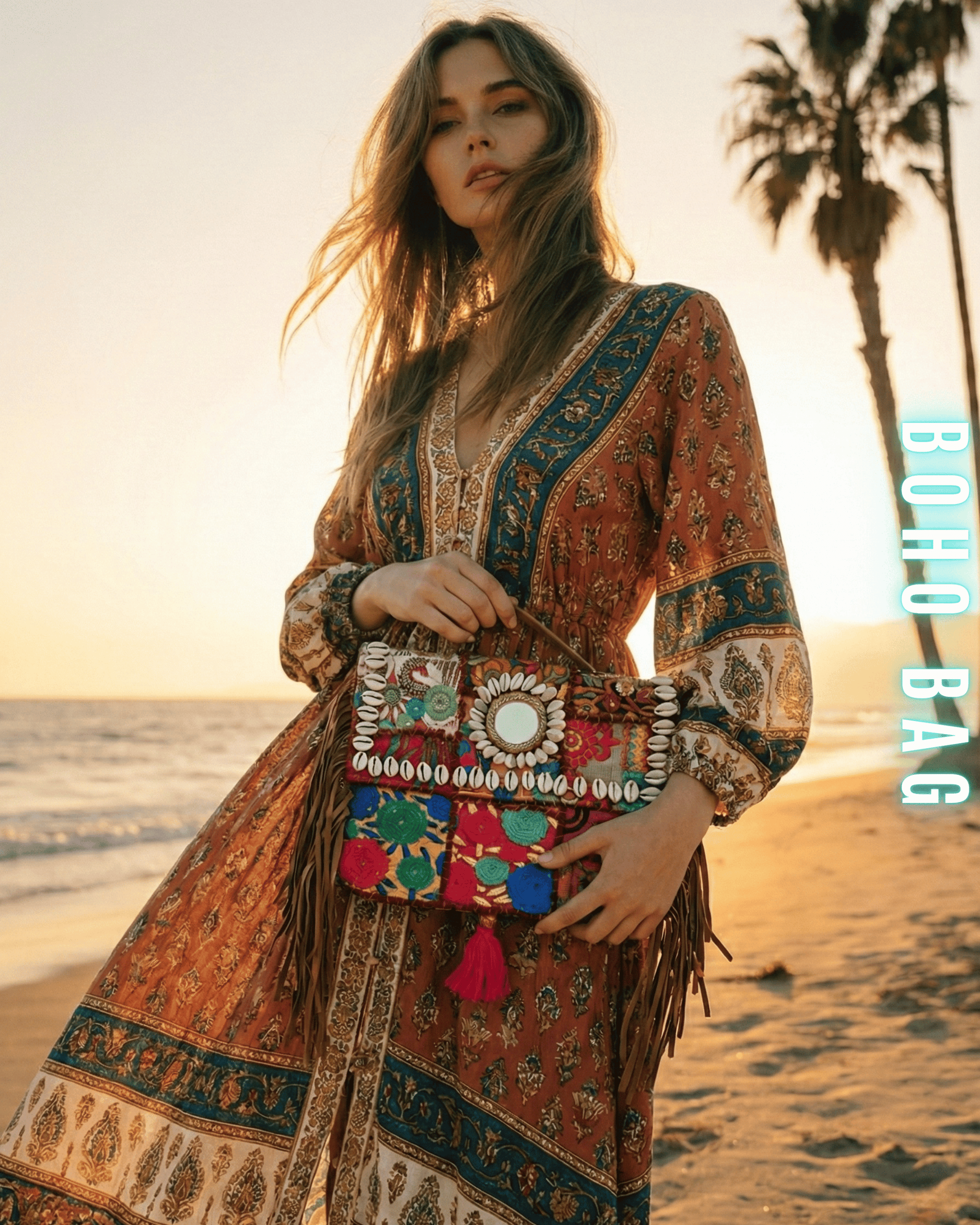 Mittlere Banjara-Umhängetasche mit bunten Stickereien und runden Spiegeln auf weißem Hintergrund.