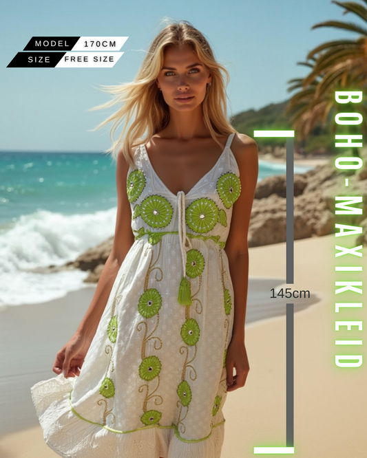 Boho-Maxi-Kleid mit Perlen und Spiegel| Weiß-Grün/Babyblau/Brown | Baumwolle | Ideal für Sommer, Strand & Festival